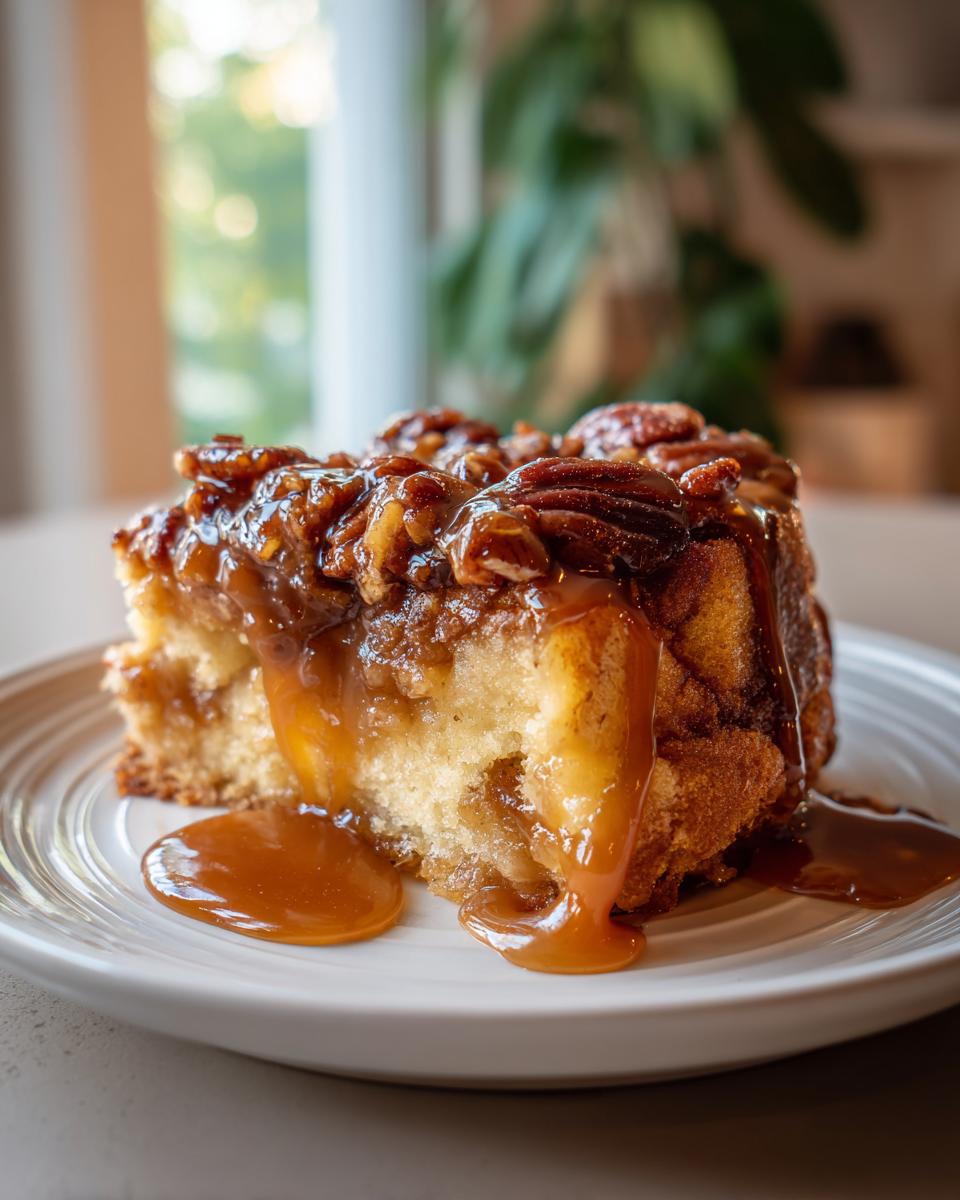 A rich slice of apple dapple cake smothered in gooey caramel sauce and pecans on a white plate.