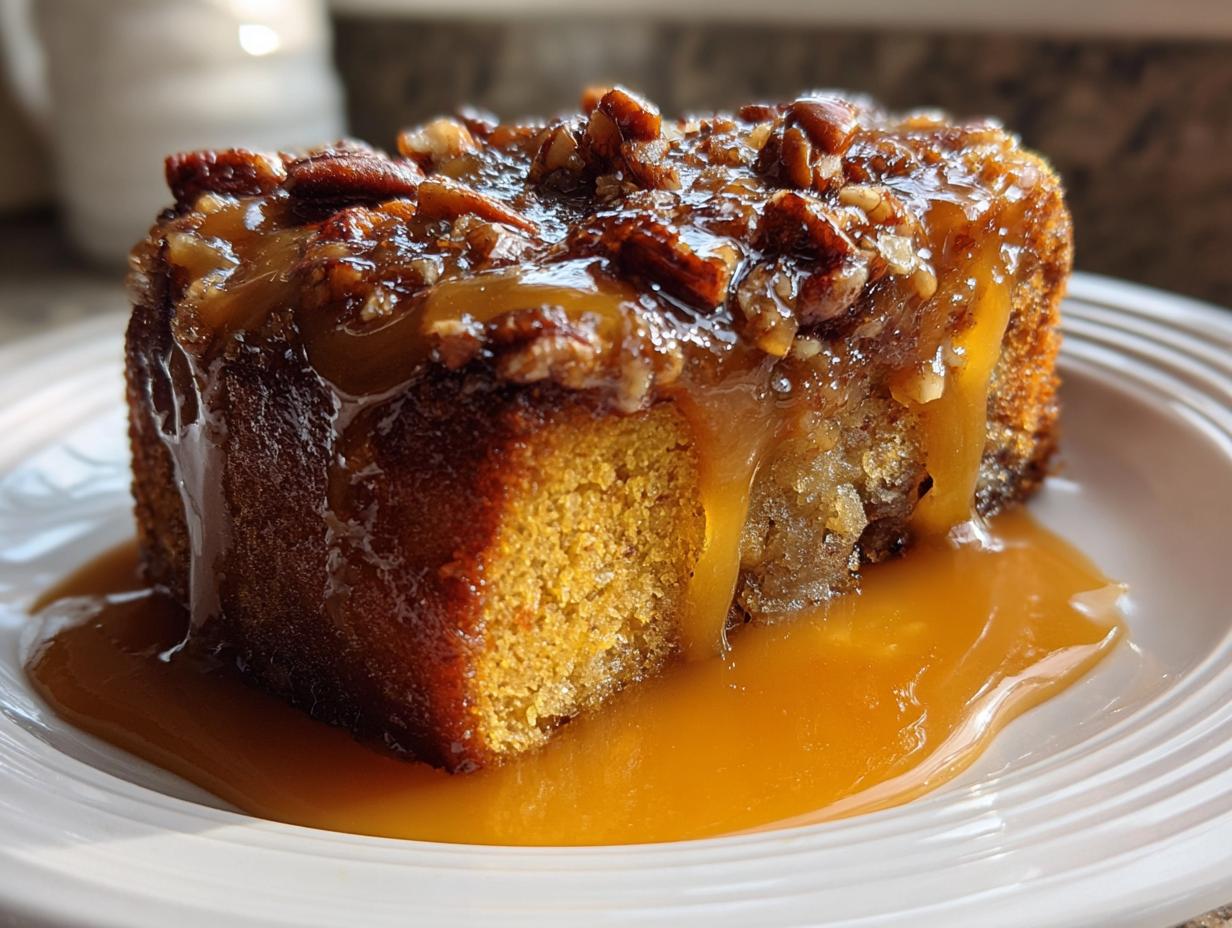 A close-up of a moist slice of apple dapple cake covered in thick caramel sauce and chopped pecans.