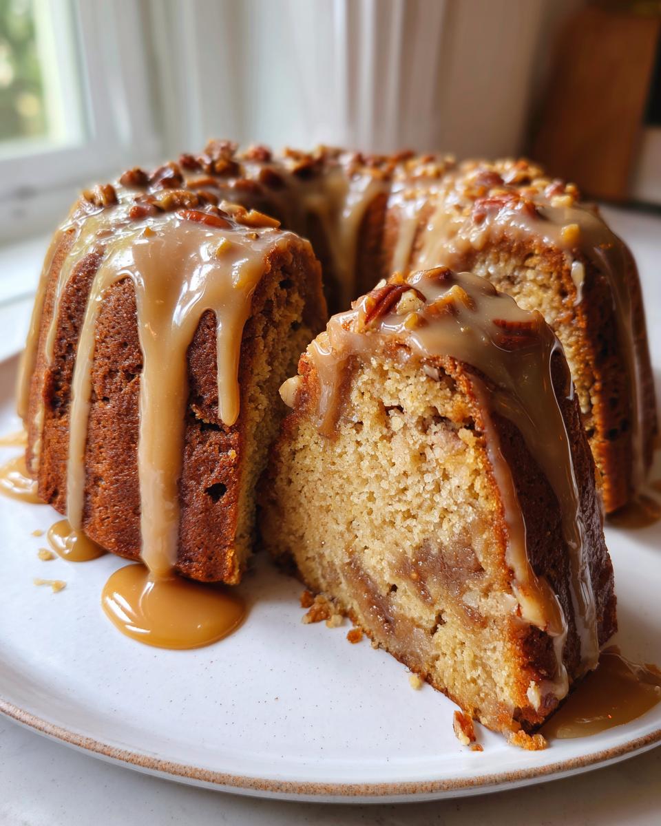 A slice cut from a rich apple dapple cake topped with caramel glaze and pecans.
