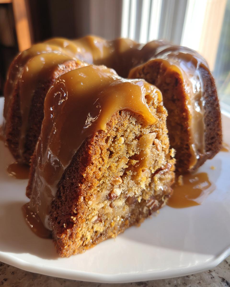 A slice cut from a moist apple dapple cake, generously topped with rich caramel sauce.