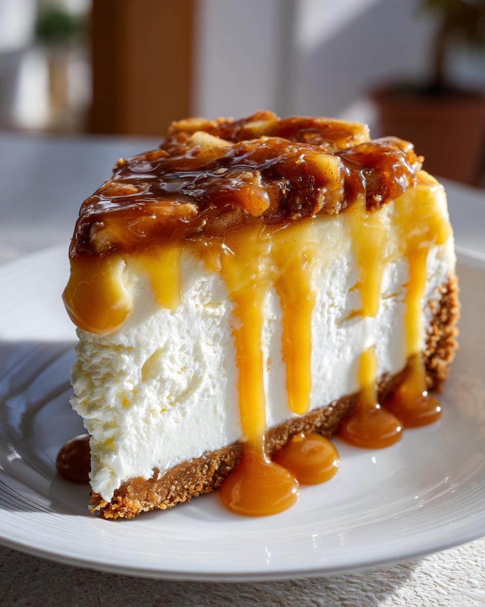 A decadent slice of apple pie cheesecake topped with warm apple pie filling and dripping with caramel sauce.