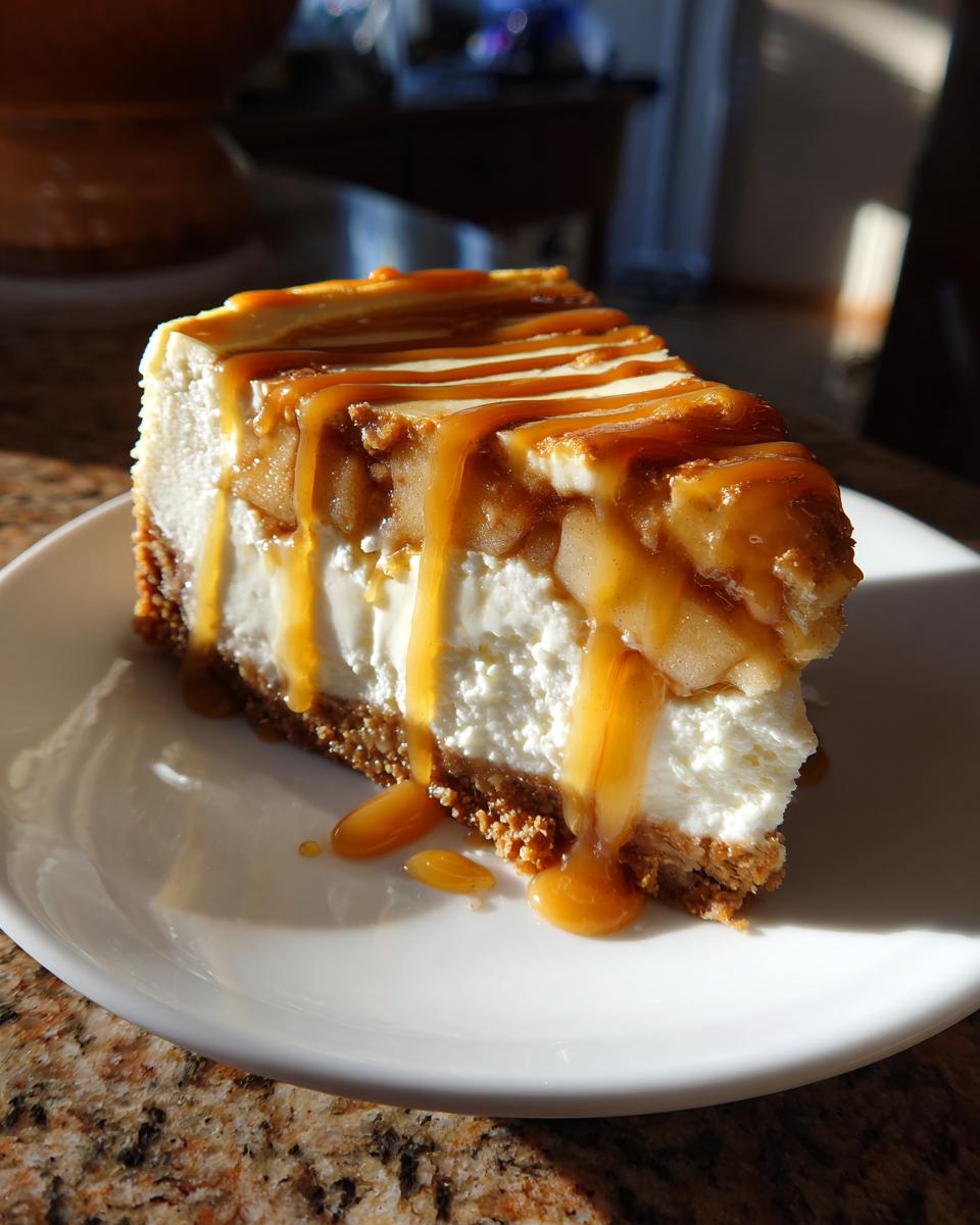 A decadent slice of apple pie cheesecake topped with caramelized apples and a generous drizzle of caramel sauce.