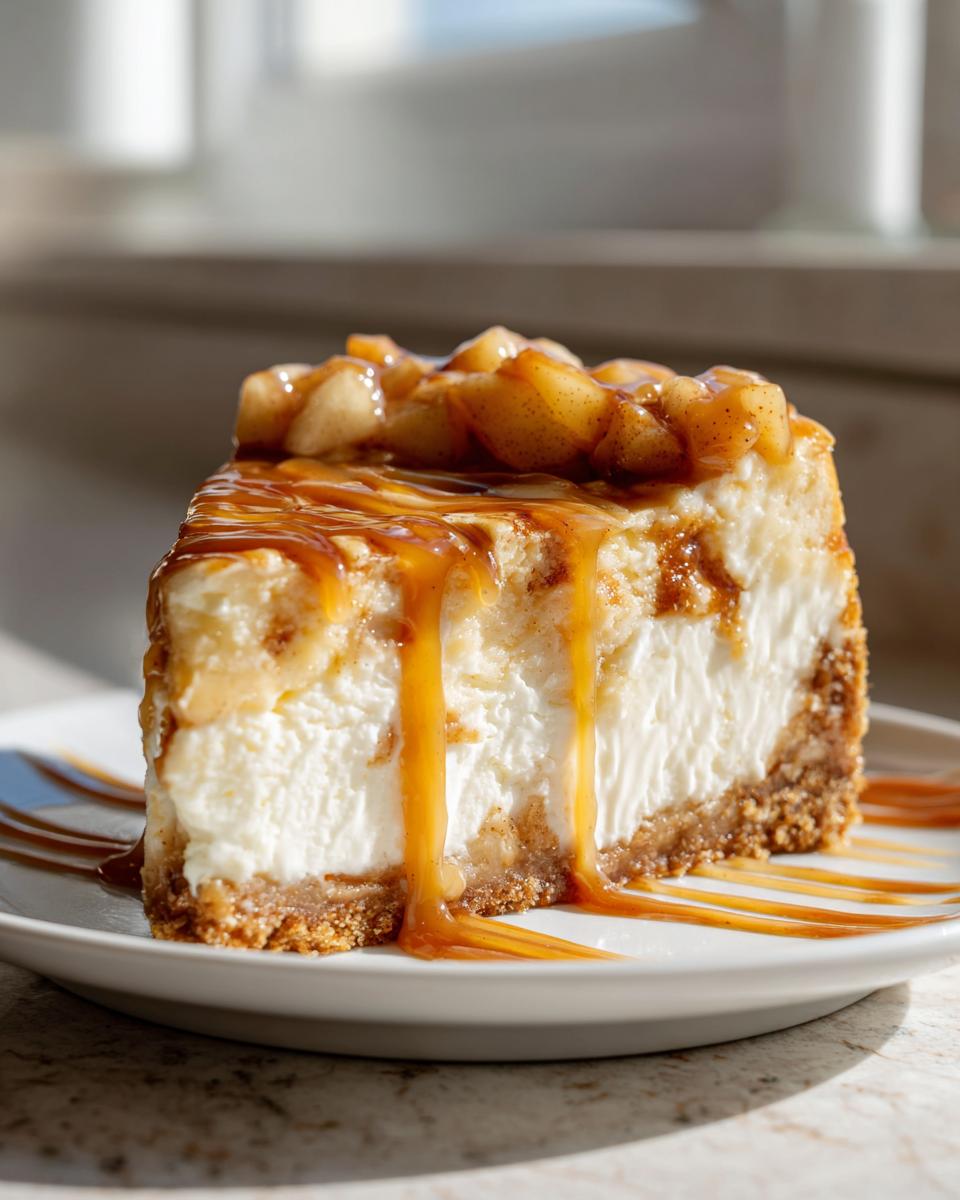 A decadent slice of apple pie cheesecake topped with spiced apples and rich caramel sauce.