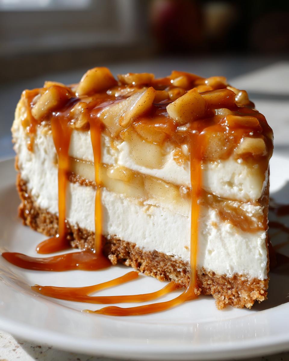 A decadent slice of apple pie cheesecake featuring layers of creamy filling, graham cracker crust, and topped with spiced apples and dripping caramel sauce.
