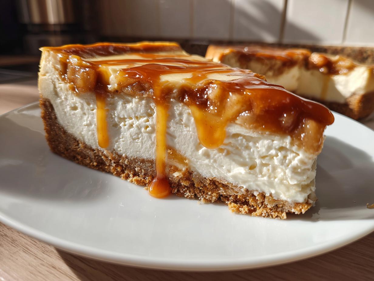 A close-up of a thick slice of apple pie cheesecake topped with gooey caramel sauce dripping down the side.