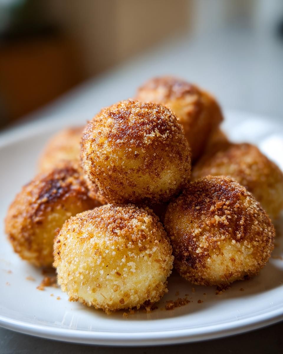 A close-up of several golden potato dumplings rolled in a cinnamon-sugar crumb topping, served on a white plate.