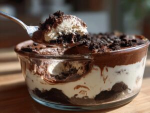 A spoonful of creamy Baileys Chocolate Cheesecake Trifle being lifted from a glass dish layered with chocolate mousse and cream.