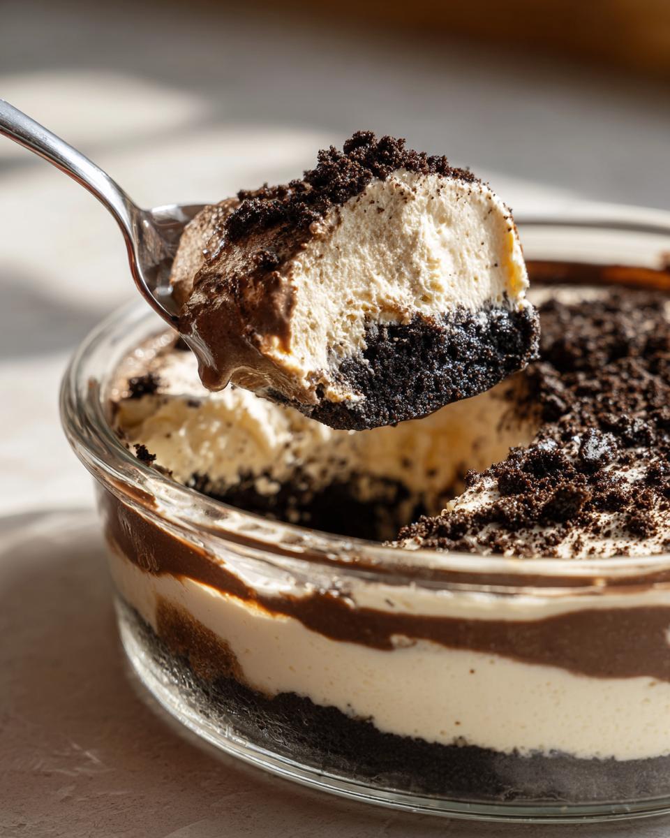 A spoonful of creamy Baileys Chocolate Cheesecake Trifle showing layers of dark cookie crust, light cream, and chocolate topping.