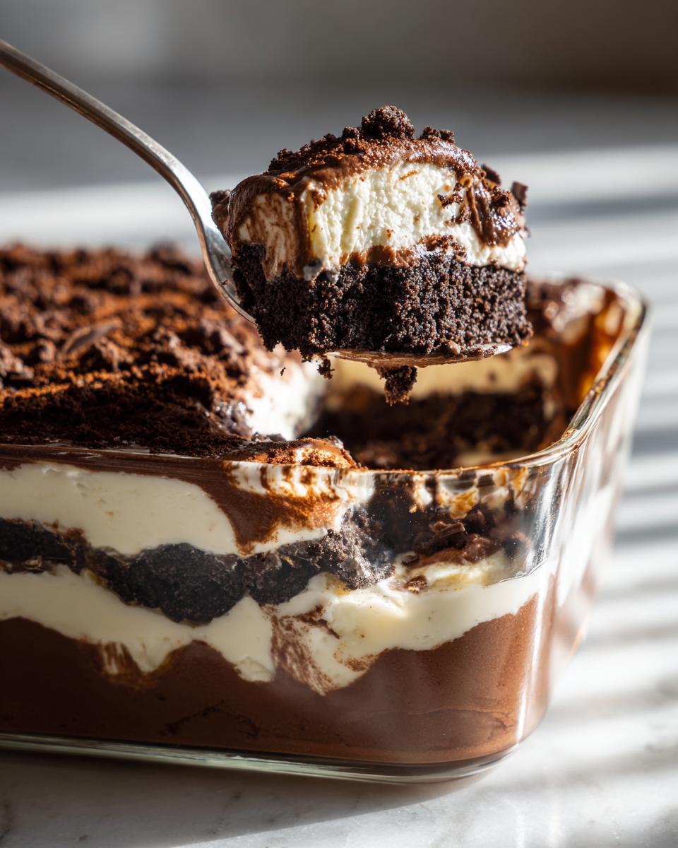 A spoonful of rich Baileys Chocolate Cheesecake Trifle being lifted from a glass dish, showing layers of cream and chocolate cake.