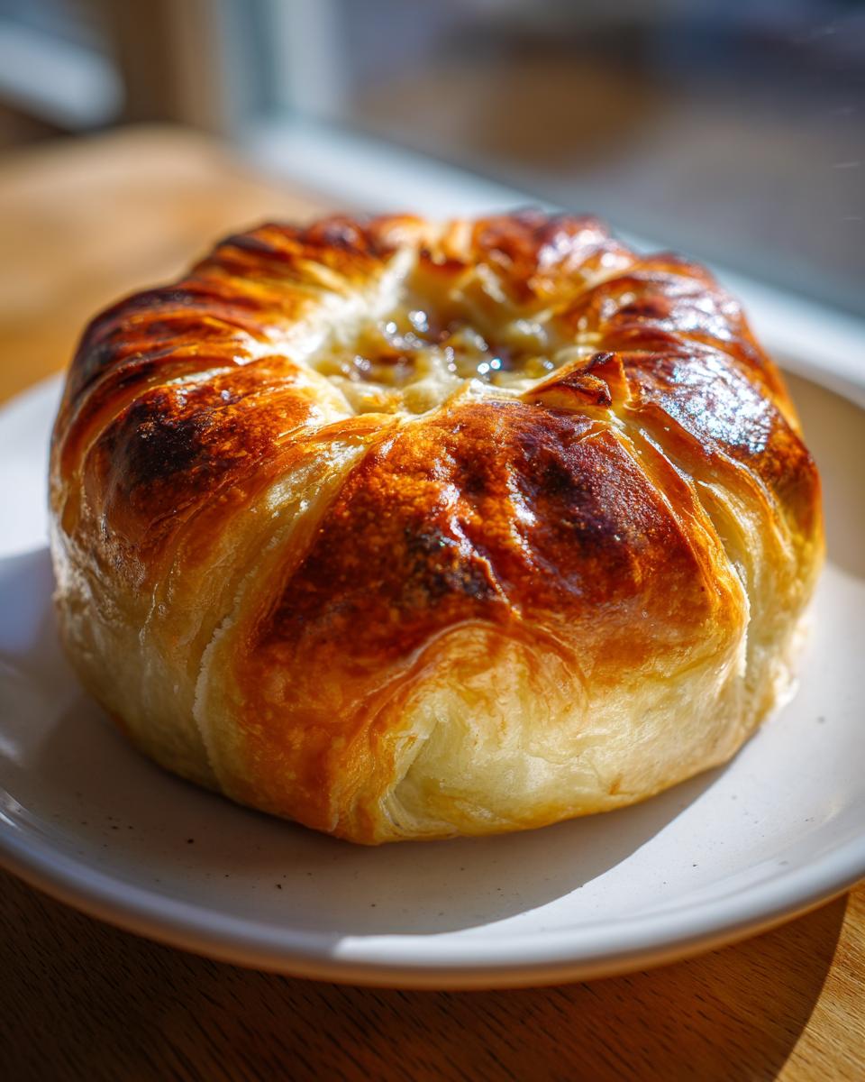 A perfectly golden brown baked brie in puff pastry, glistening slightly, resting on a white plate.