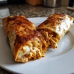 Two baked chicken Chimichangas, one cut open showing shredded chicken and melted cheese filling, served on a white plate.