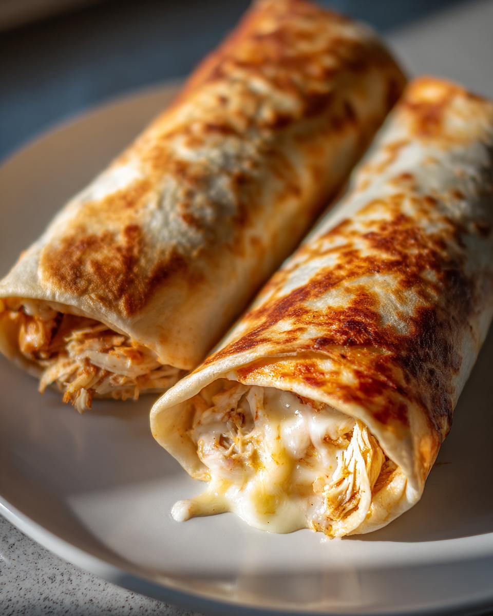 Two golden-brown baked Chimichangas filled with shredded chicken and oozing melted white cheese, served on a white plate.