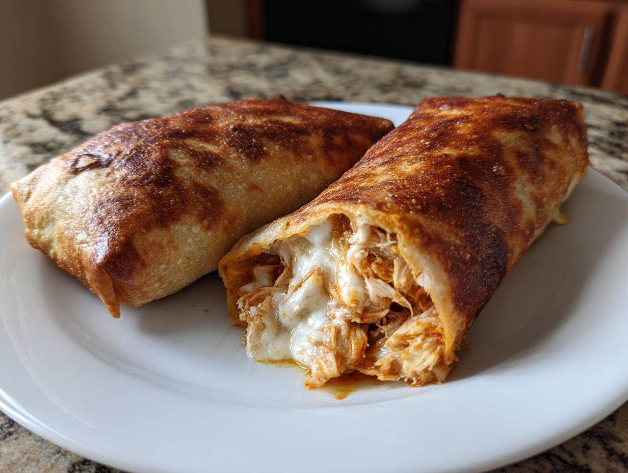 Two golden-brown baked Chimichangas on a white plate, one cut open revealing shredded chicken and melted white cheese.