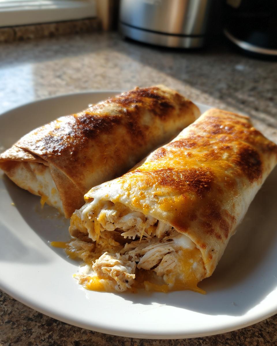 Two baked chicken Chimichangas on a white plate, one cut open showing shredded chicken and melted cheese.
