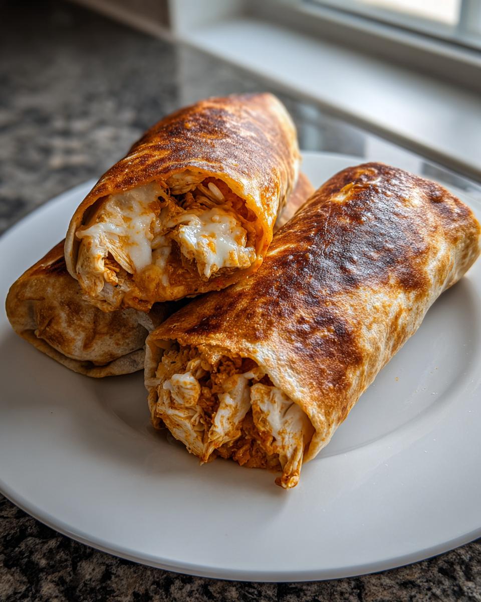 Close-up of two golden-brown baked Chimichangas, cut open to show shredded chicken and melted white cheese filling.