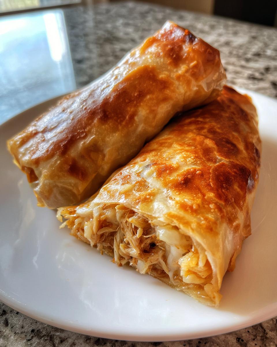 Two golden brown, baked Chimichangas stacked on a white plate, one cut open showing shredded chicken filling.