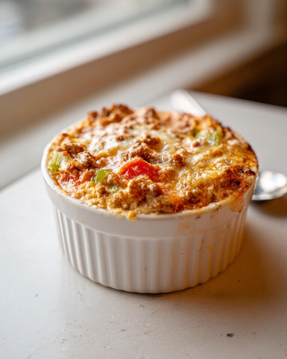 A small, baked portion of sausage cream cheese dip topped with melted cheese, served in a white fluted ramekin.