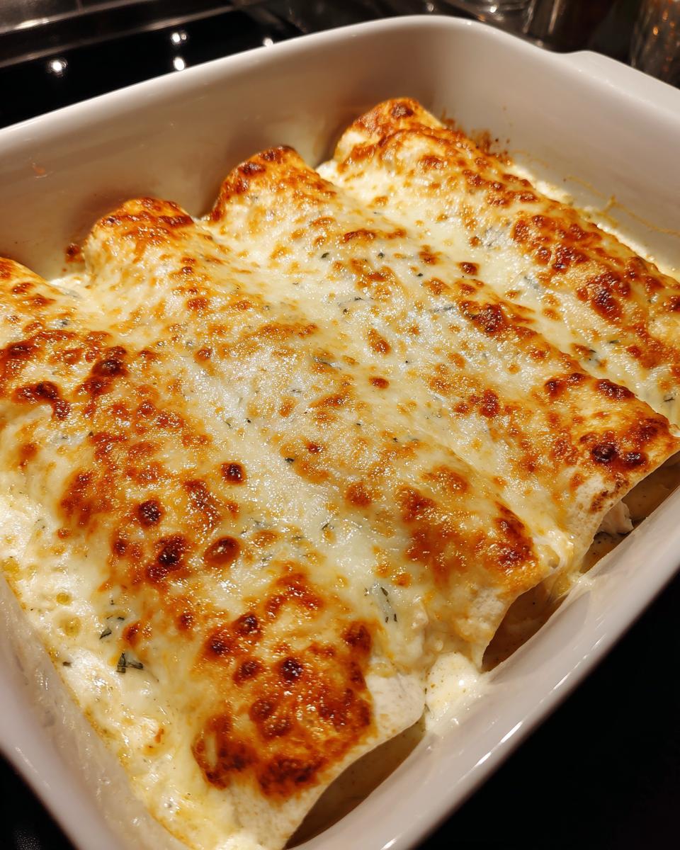 Close-up of baked white chicken enchiladas covered in creamy sauce and bubbly, browned cheese.