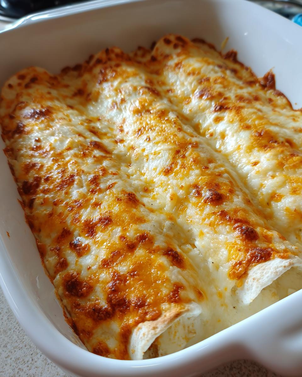 Close-up of three baked white chicken enchiladas covered in bubbly, browned melted cheese in a white baking dish.