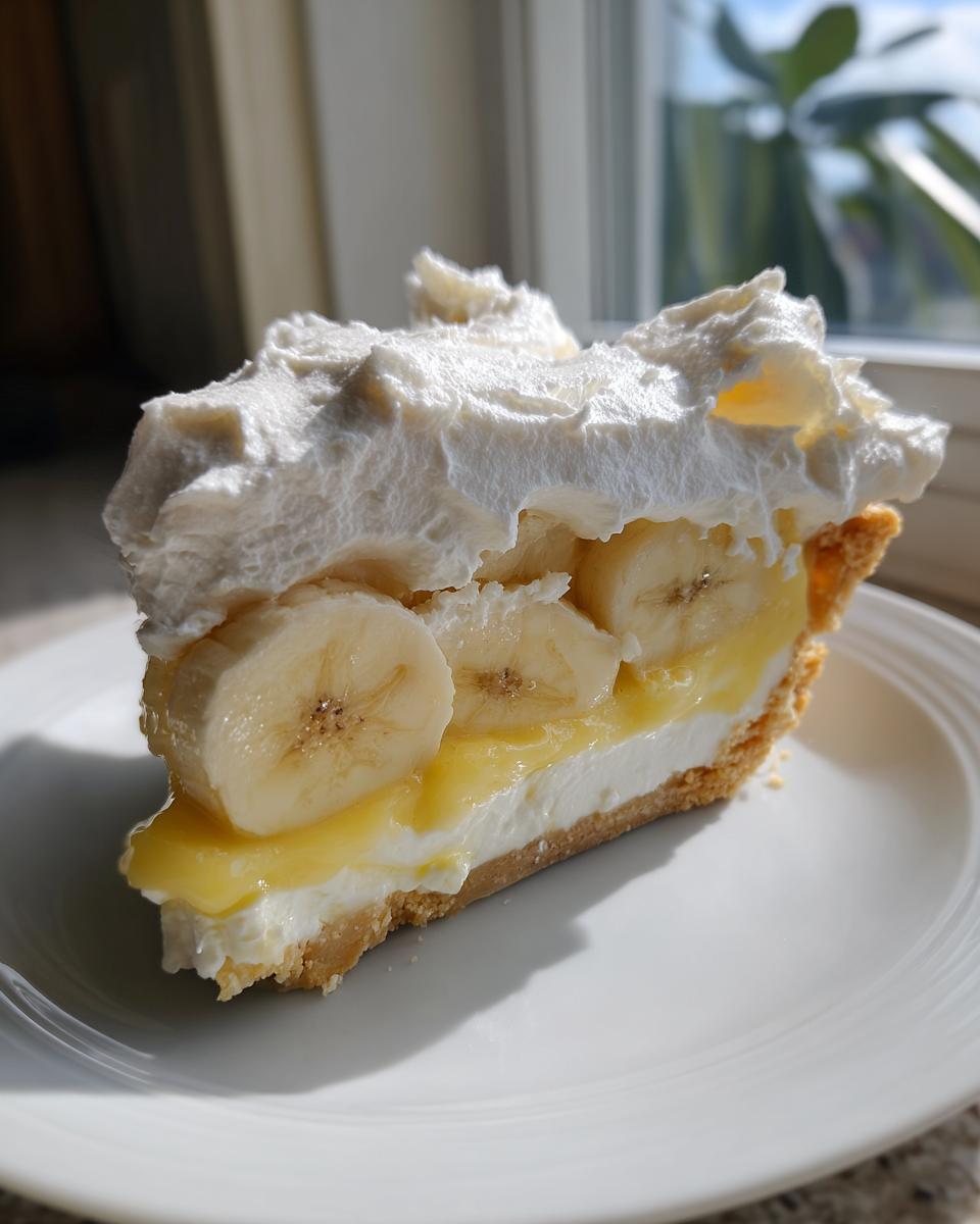 A delicious slice of banana cream pie showing layers of crust, cream, banana slices, and thick whipped topping.
