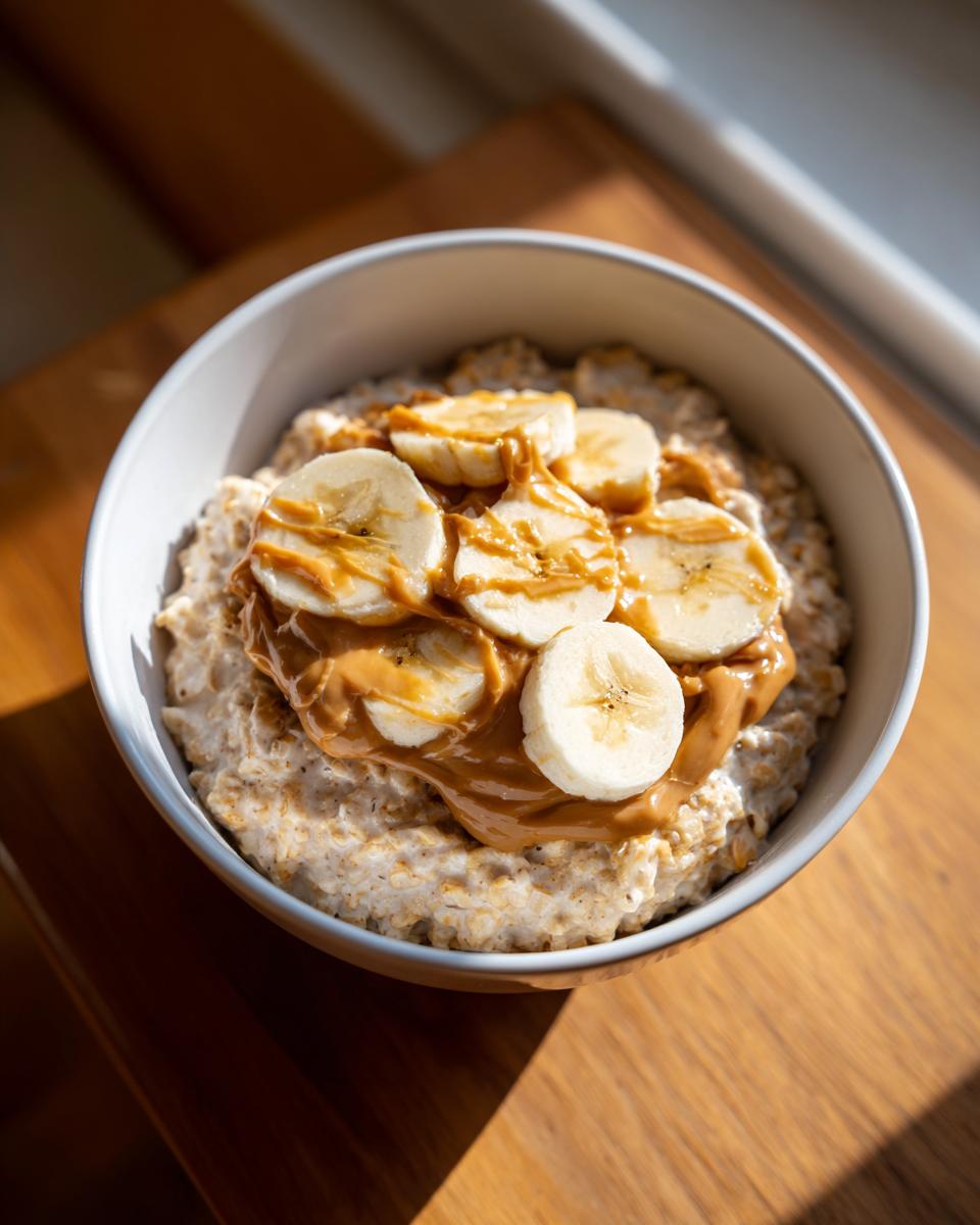 A bowl of creamy banana oatmeal topped generously with sliced bananas and drizzled peanut butter.
