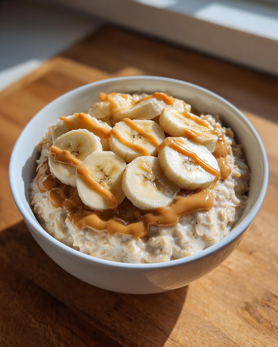 A white bowl filled with creamy banana oatmeal topped with fresh banana slices and a drizzle of peanut butter.