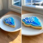 A heart-shaped sugar cookie decorated with bright blue and white royal cookie icing, sitting on a white plate.