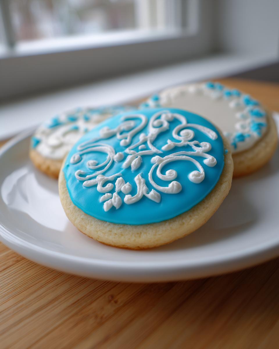Close-up of round sugar cookies decorated with bright blue and white royal cookie icing designs.