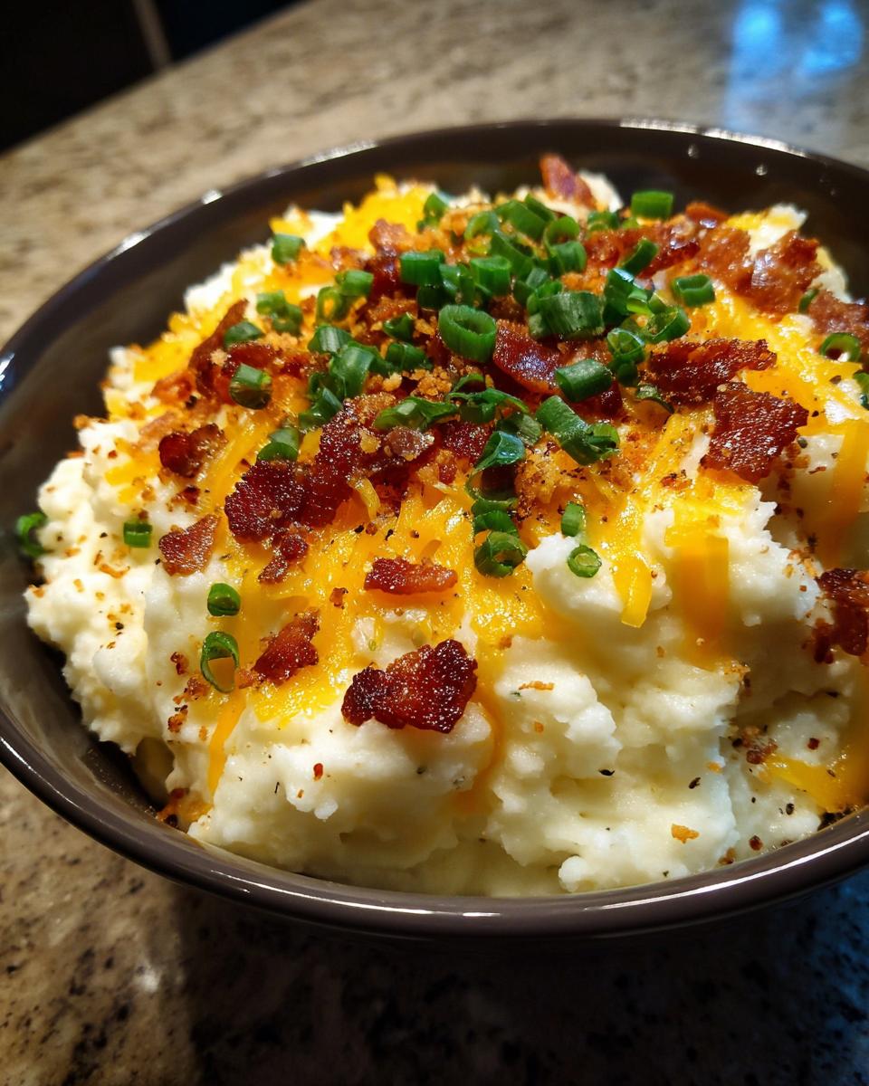 A close-up of a bowl of creamy loaded mashed potatoes topped generously with shredded cheddar cheese, crispy bacon bits, and fresh green onions.