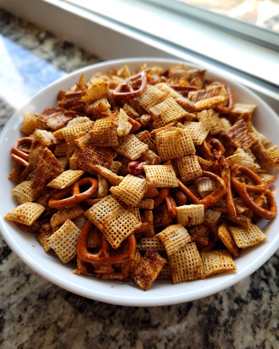 A white bowl filled with seasoned Chex party mix, featuring square cereal pieces and small pretzels.