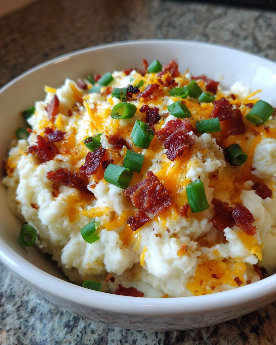 Close-up of a white bowl filled with creamy loaded mashed potatoes topped with shredded cheddar, bacon bits, and green onions.