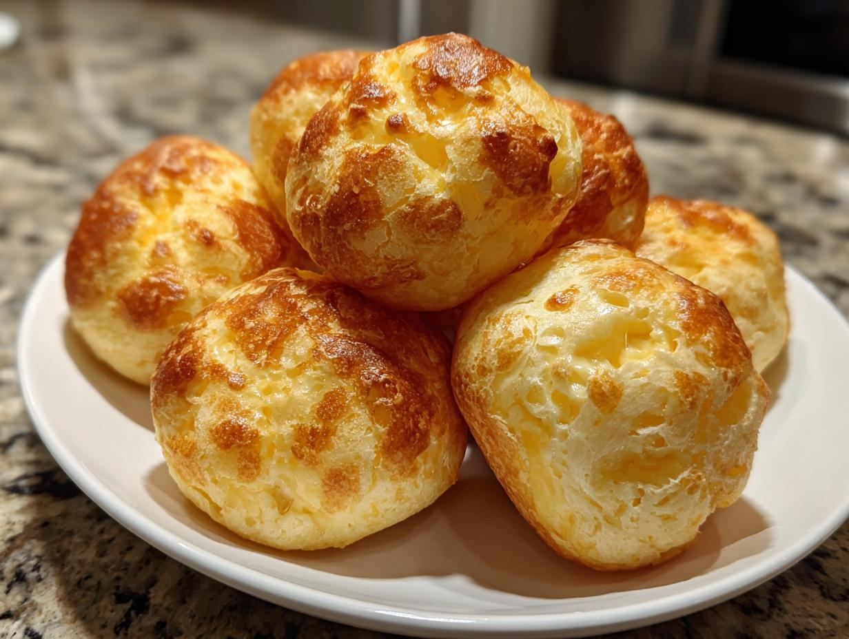 A pile of golden-brown, puffy Brazilian cheese bread rolls served on a white plate.