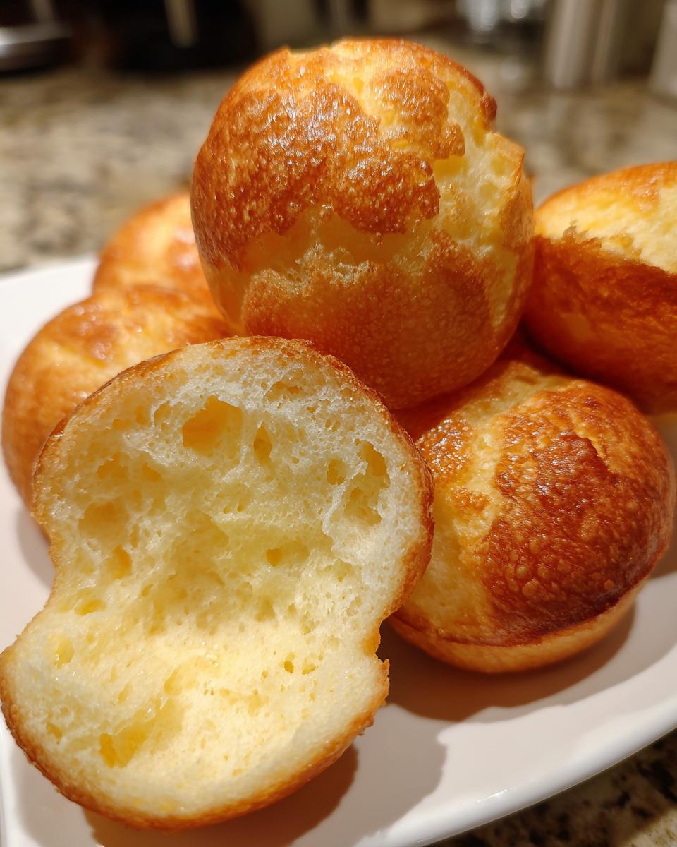 Close-up of golden brown Brazilian cheese bread, one piece cut in half showing the airy, cheesy interior texture.