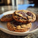 Close-up of three rich brown butter chocolate chip cookies topped with melted chocolate chunks and flaky sea salt.