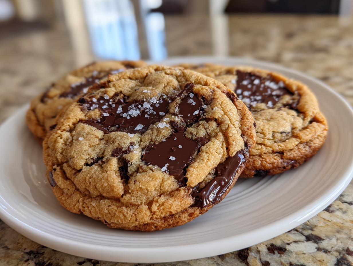 Three freshly baked brown butter chocolate chip cookies topped with melted chocolate chunks and flaky sea salt.