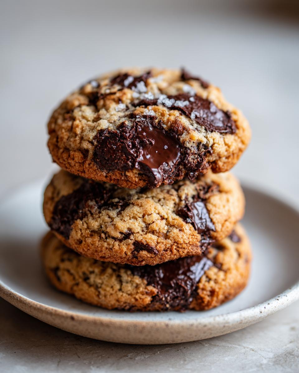 Three perfectly baked brown butter chocolate chip cookies stacked on a small plate, featuring melted chocolate pools and flaky sea salt.
