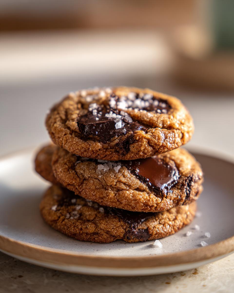 A stack of three chewy brown butter chocolate chip cookies topped with melted chocolate and flaky sea salt.