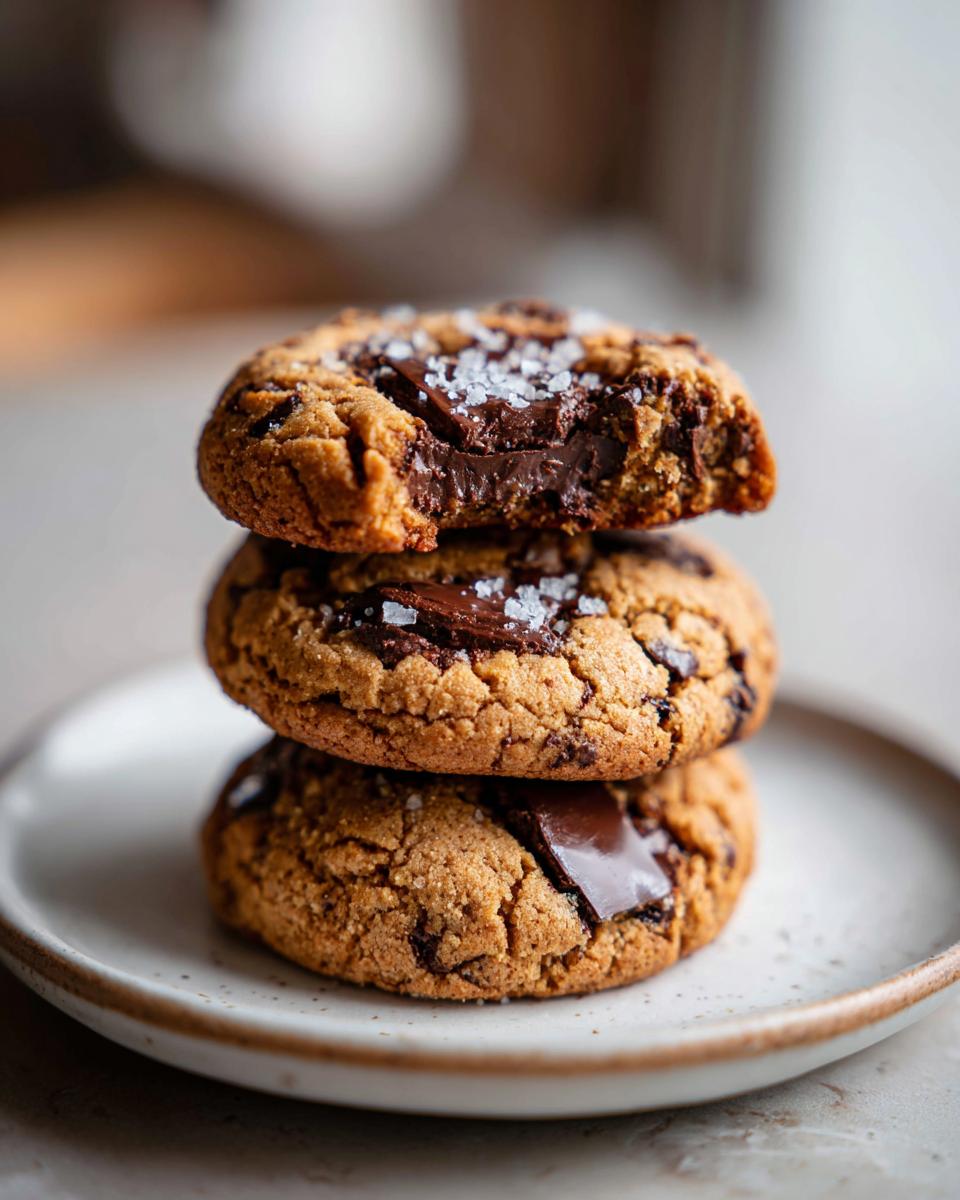 Three stacked brown butter chocolate chip cookies, the top one is bitten, showing gooey chocolate and sea salt flakes.