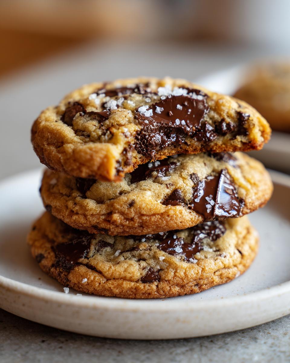 A stack of three gooey brown butter chocolate chip cookies, topped with flaky sea salt and molten chocolate.