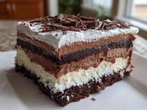 Close-up of a rich slice of brownie refrigerator cake showing six distinct layers of dark brownie, light mousse, and dark mousse, topped with whipped cream and chocolate shavings.