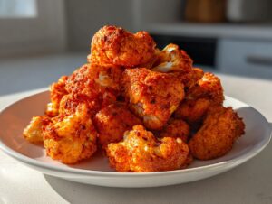 A generous pile of bright orange, crispy buffalo cauliflower bites served on a simple white plate.