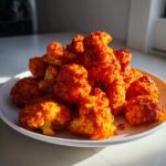 A pile of bright orange, saucy buffalo cauliflower bites served on a white plate.