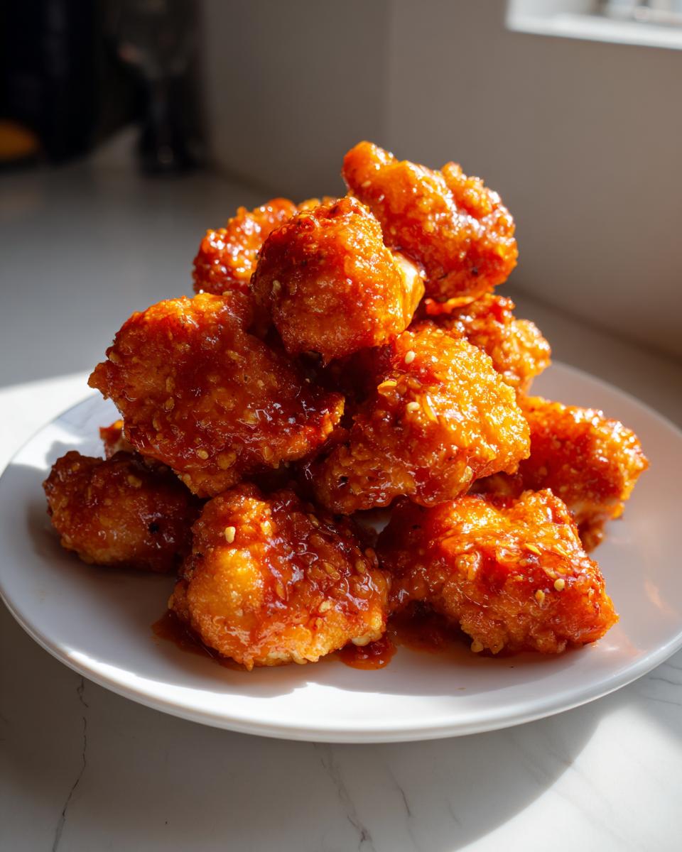 A close-up stack of crispy, saucy buffalo cauliflower bites glistening with glaze and sesame seeds on a white plate.