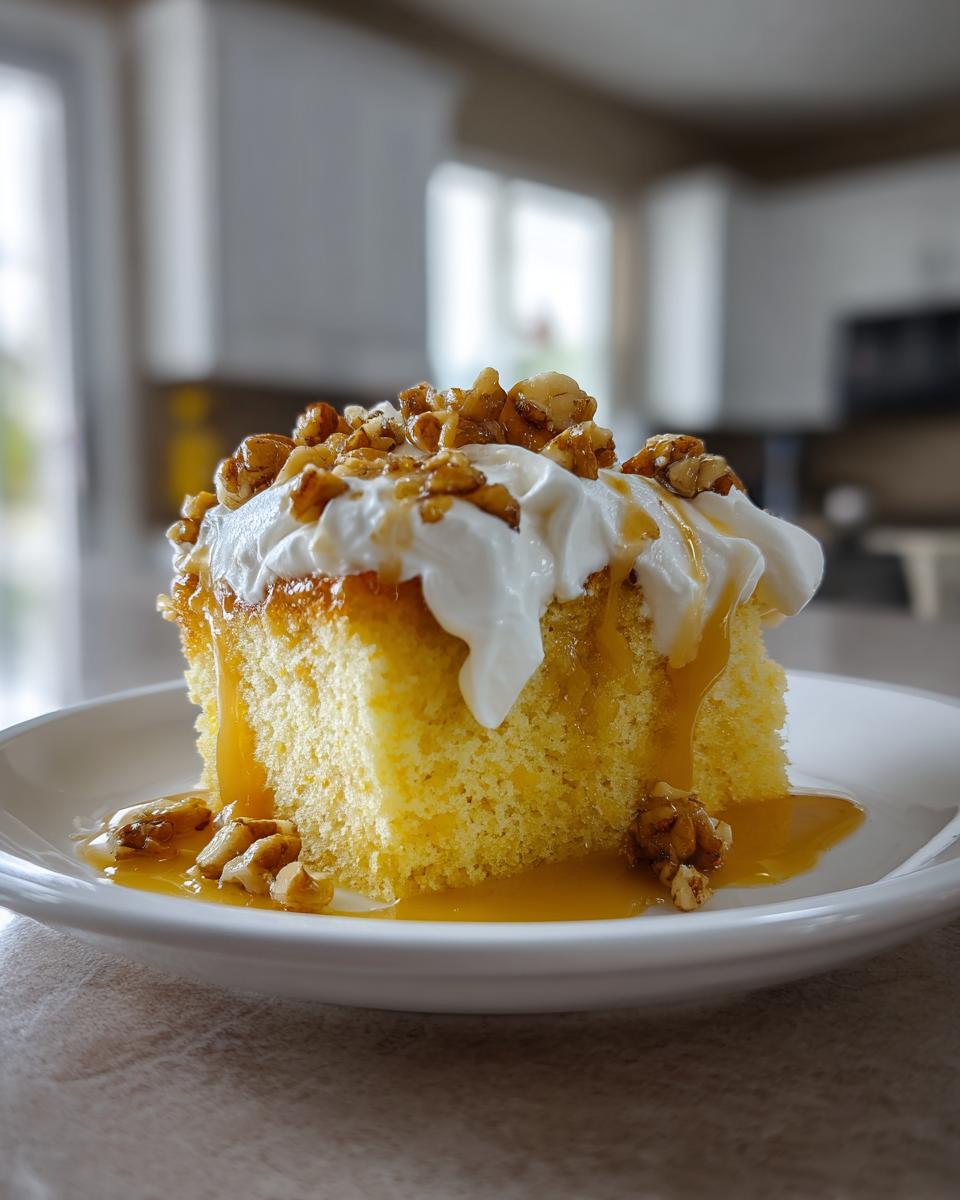 A close-up of a slice of moist butter pecan praline poke cake topped with whipped cream and pecans.