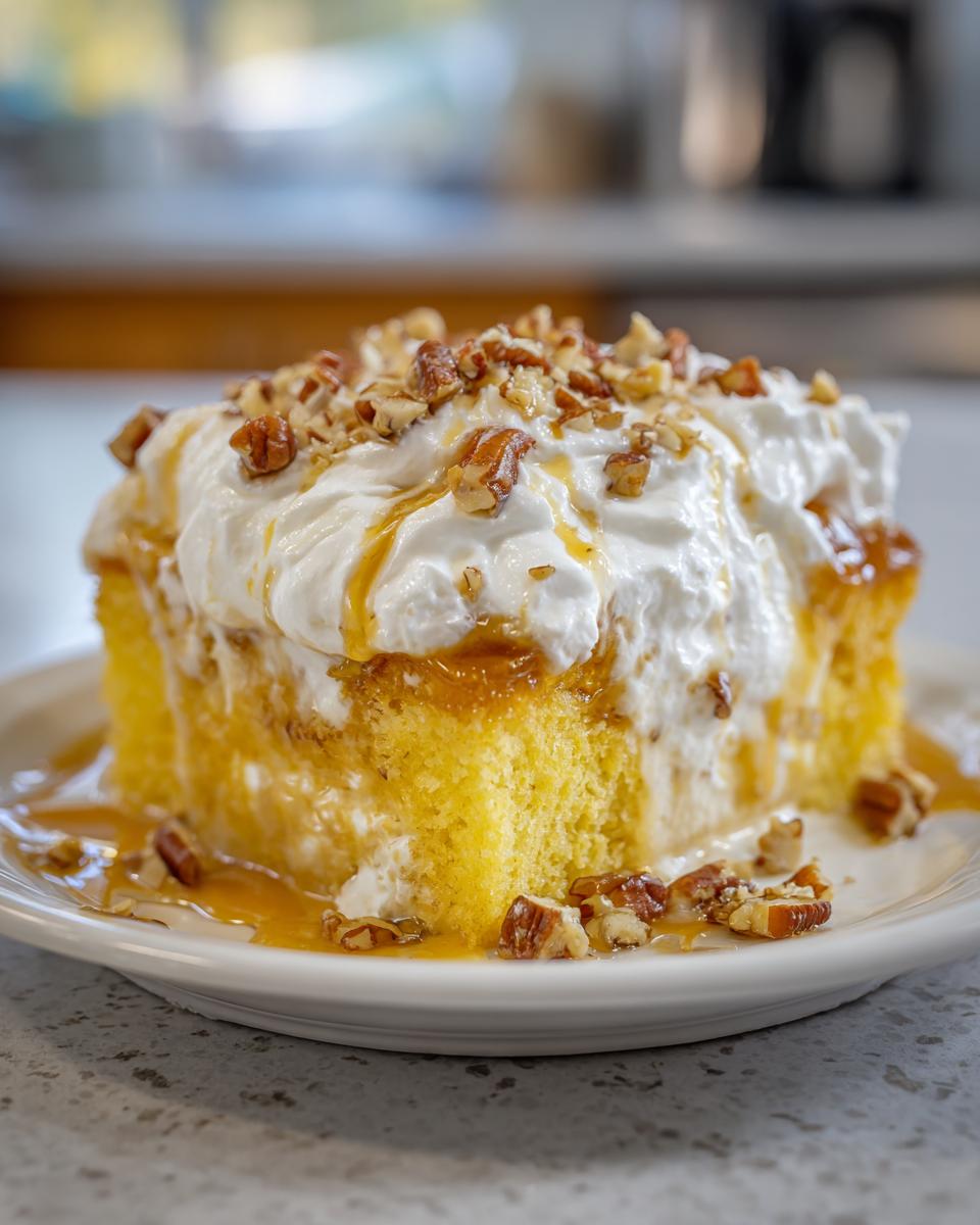 A moist slice of butter pecan praline poke cake topped with whipped cream, caramel drizzle, and chopped pecans.