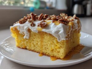 A moist slice of butter pecan praline poke cake topped with whipped cream, pecans, and caramel sauce.