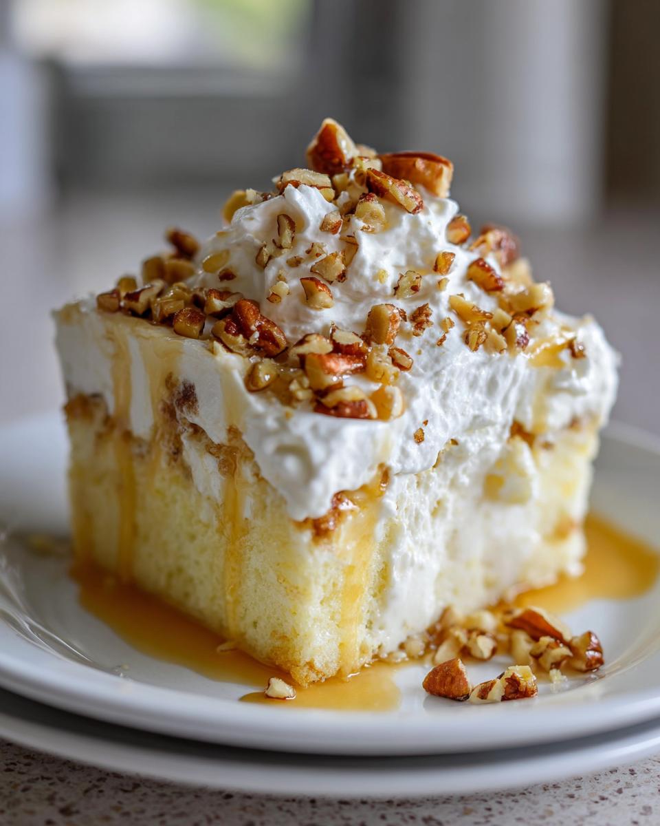 A moist slice of butter pecan praline poke cake topped with whipped cream, caramel drizzle, and chopped pecans.