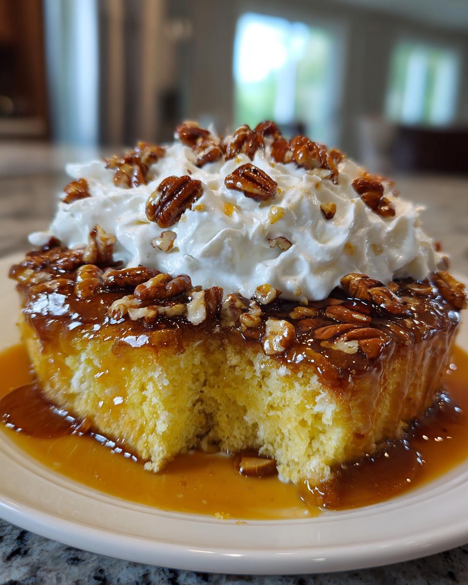 A moist slice of butter pecan praline poke cake soaked in caramel sauce, topped with whipped cream and pecans.