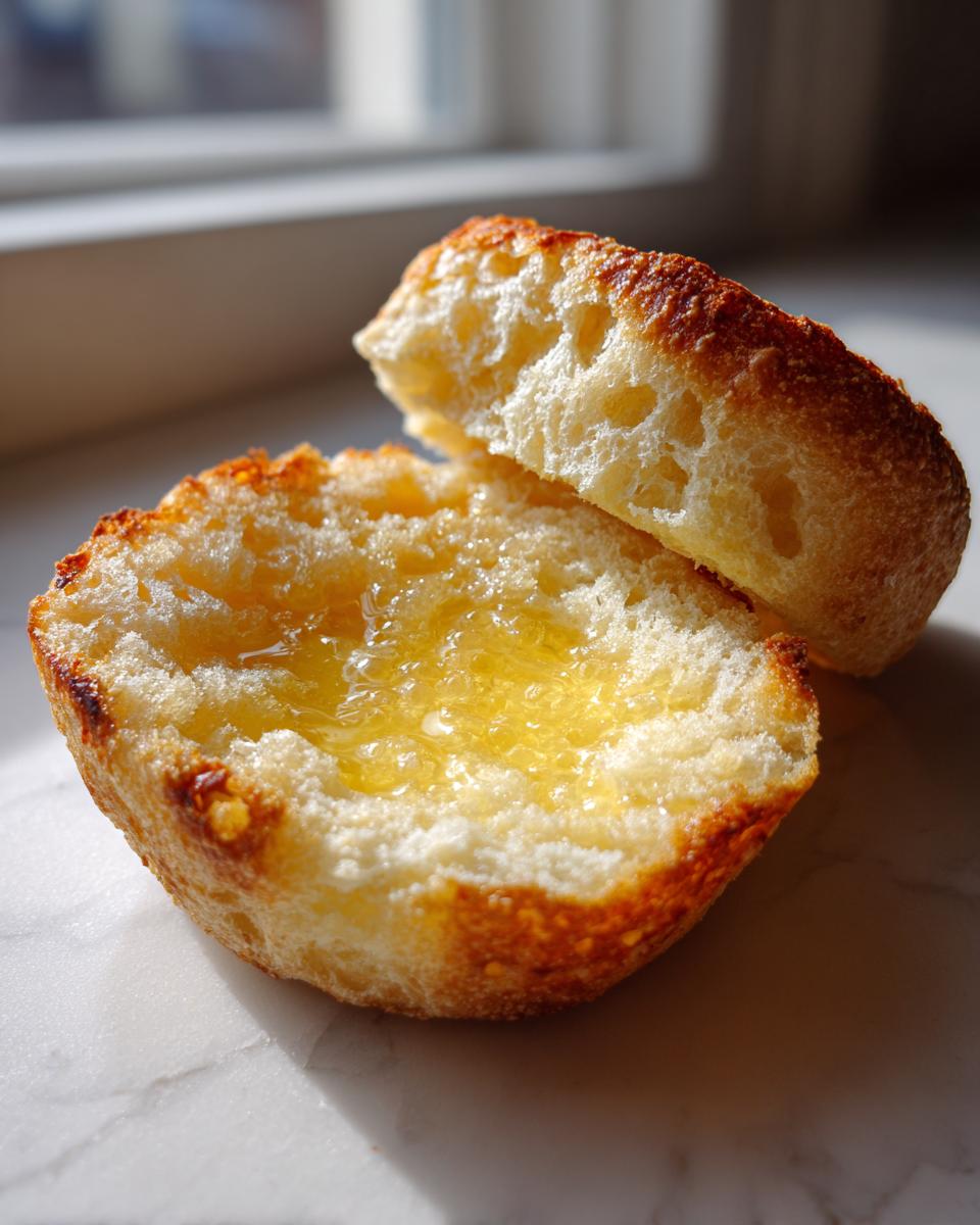 Close-up of a toasted english muffin, split open and generously coated with melted butter.