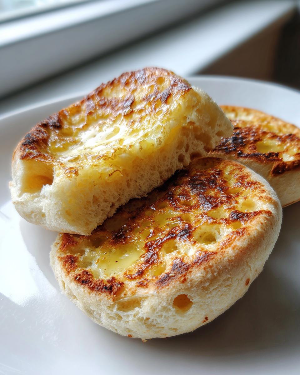 Close-up of a toasted and buttered homemade english muffin, split in half, showing the signature nooks and crannies.